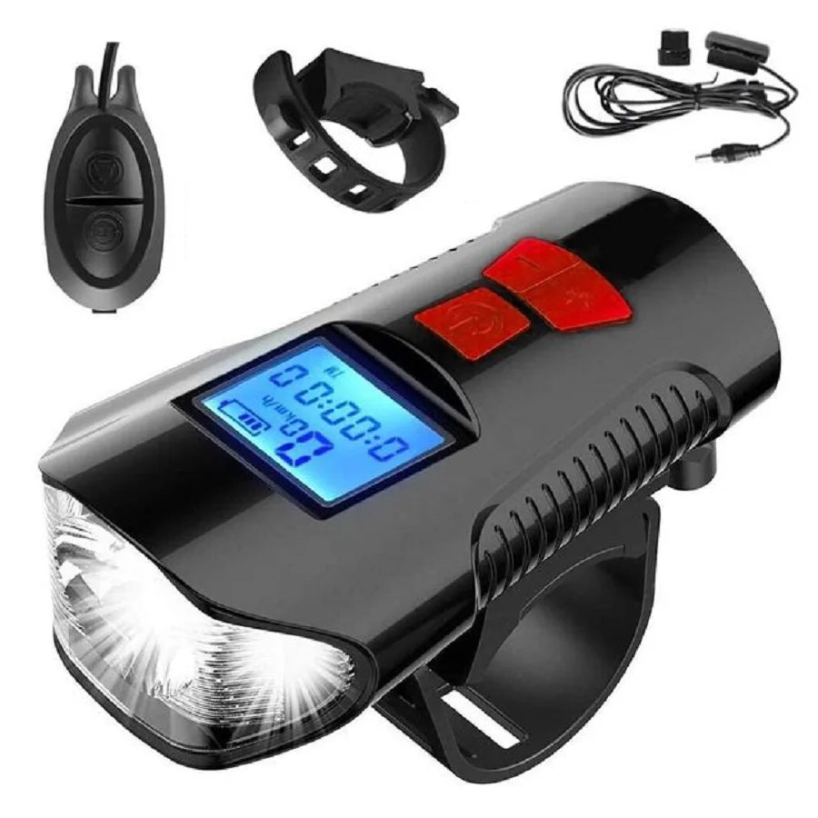 Headlight Bicycle Horn LED Flashlight Bike Speedometer USB