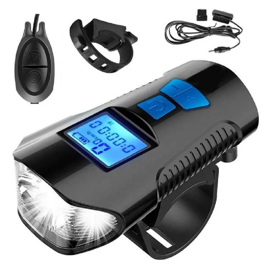 Headlight Bicycle Horn LED Flashlight Bike Speedometer USB