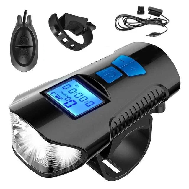 Headlight Bicycle Horn LED Flashlight Bike Speedometer USB
