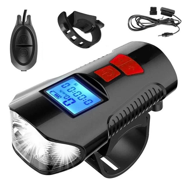 Headlight Bicycle Horn LED Flashlight Bike Speedometer USB