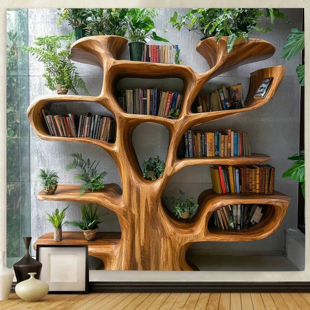 Tree Bookshelf Tapestry Multiple Sizes 2D Print Nordic Tree Plants Reading Theme Polyester Living Study Reading Nook Calm
