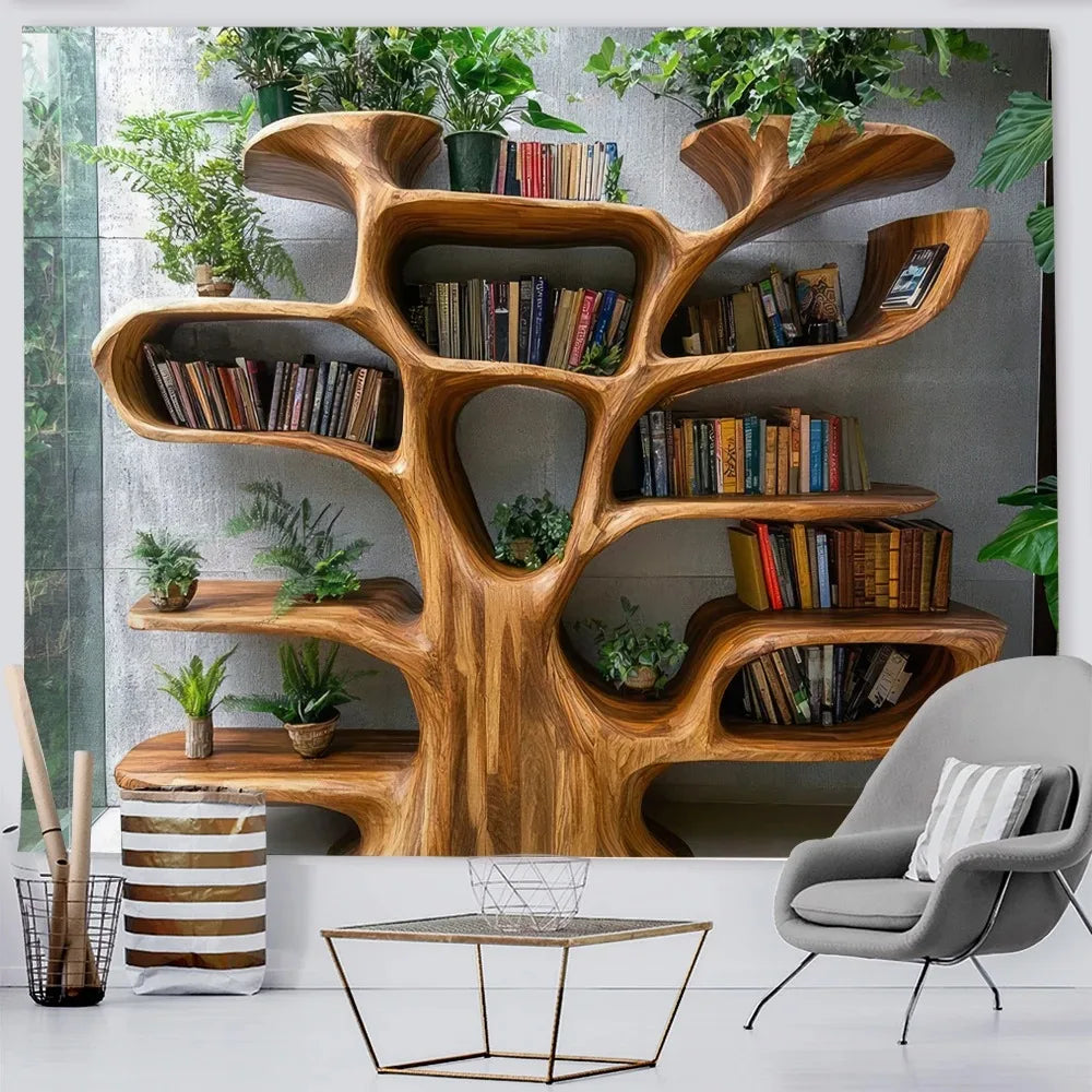Tree Bookshelf Tapestry Multiple Sizes 2D Print Nordic Tree Plants Reading Theme Polyester Living Study Reading Nook Calm