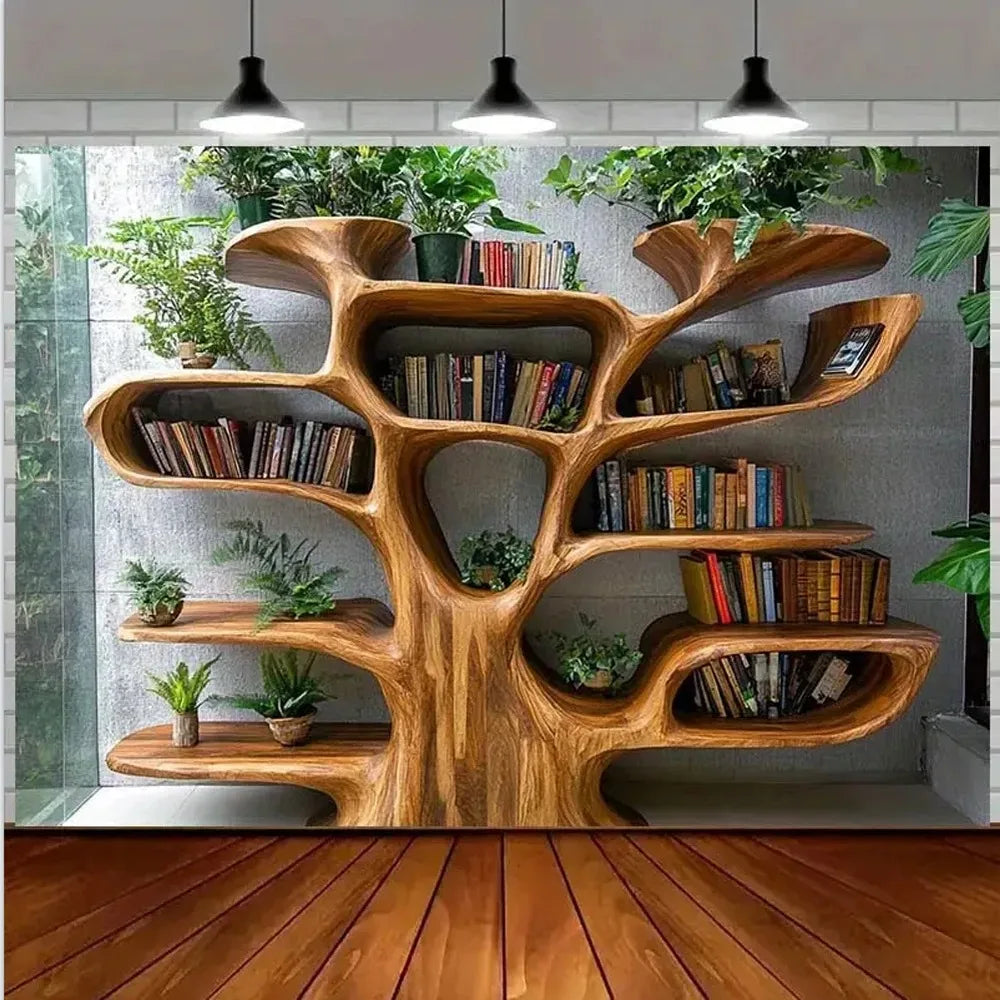 Tree Bookshelf Tapestry Multiple Sizes 2D Print Nordic Tree Plants Reading Theme Polyester Living Study Reading Nook Calm