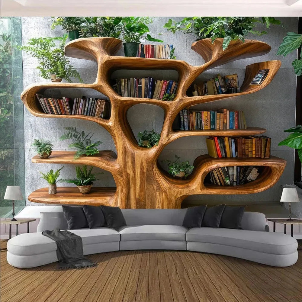 Tree Bookshelf Tapestry Multiple Sizes 2D Print Nordic Tree Plants Reading Theme Polyester Living Study Reading Nook Calm